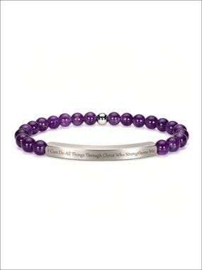 Amethyst Beaded Bracelet 18K Gold Plated Bible Verse Inspirational